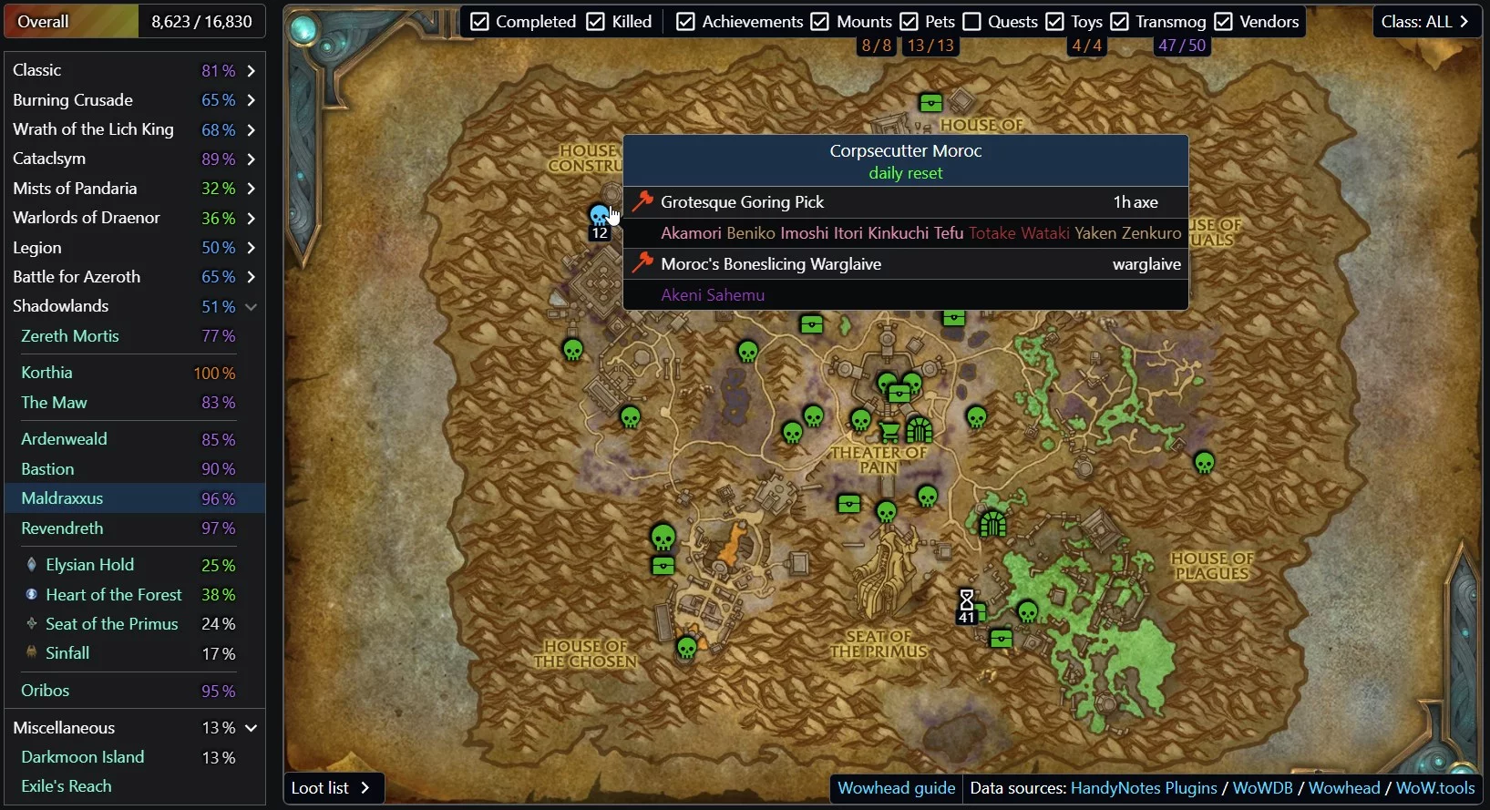 Screenshot of WoWthing Zone Maps view
